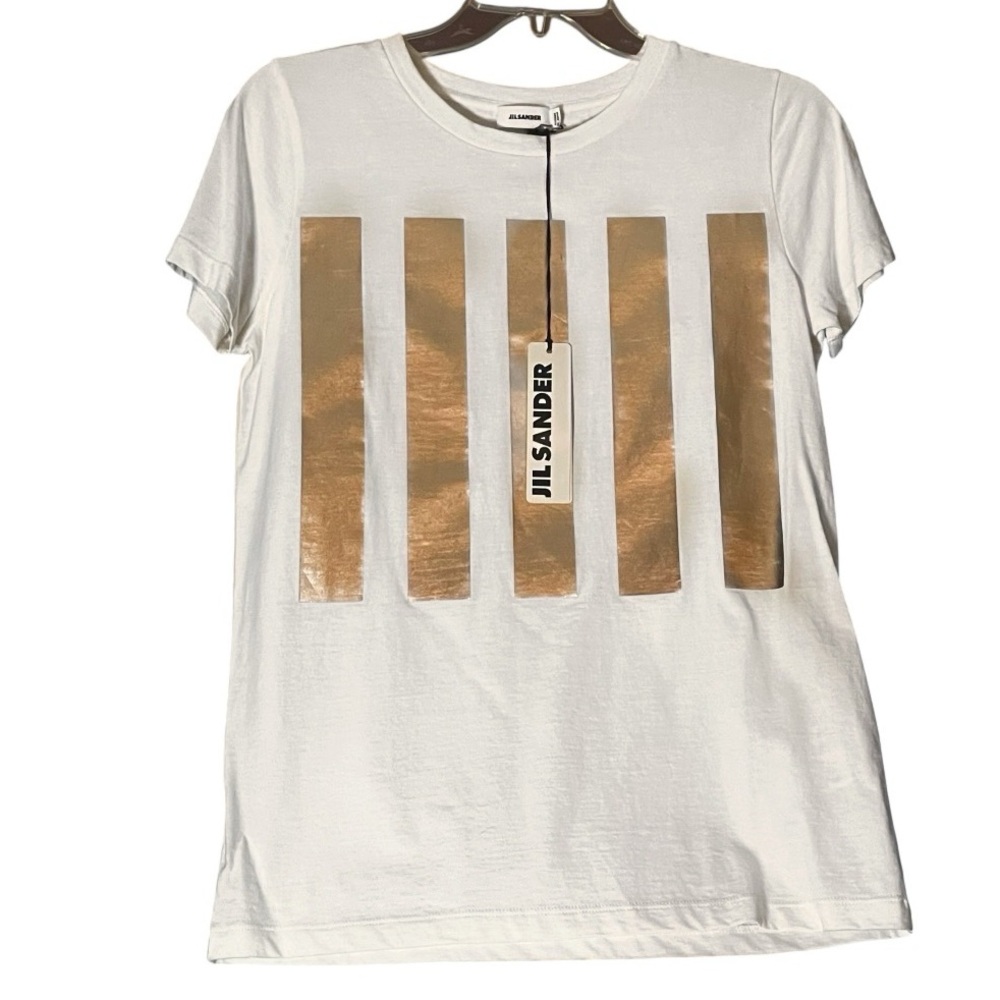 Jil Sander White Gold Metallic Vertical Striped Cotton Tee Small RARE FLAWED NWT